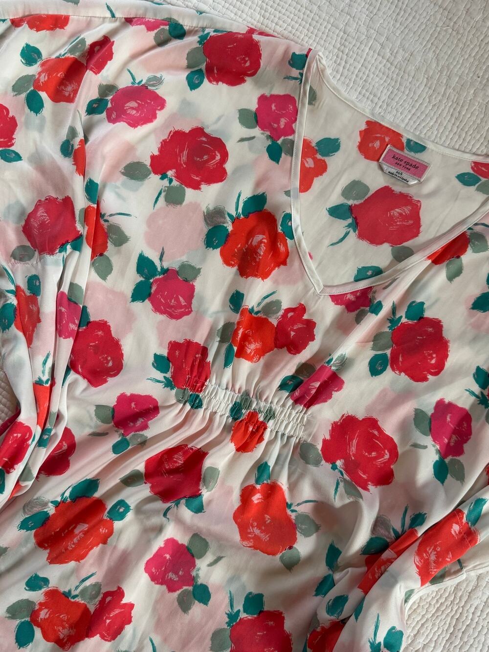 Kate Spade New York Rare Roses Charmeuse Caftan Maxi Dress Loungewear Red XS/S